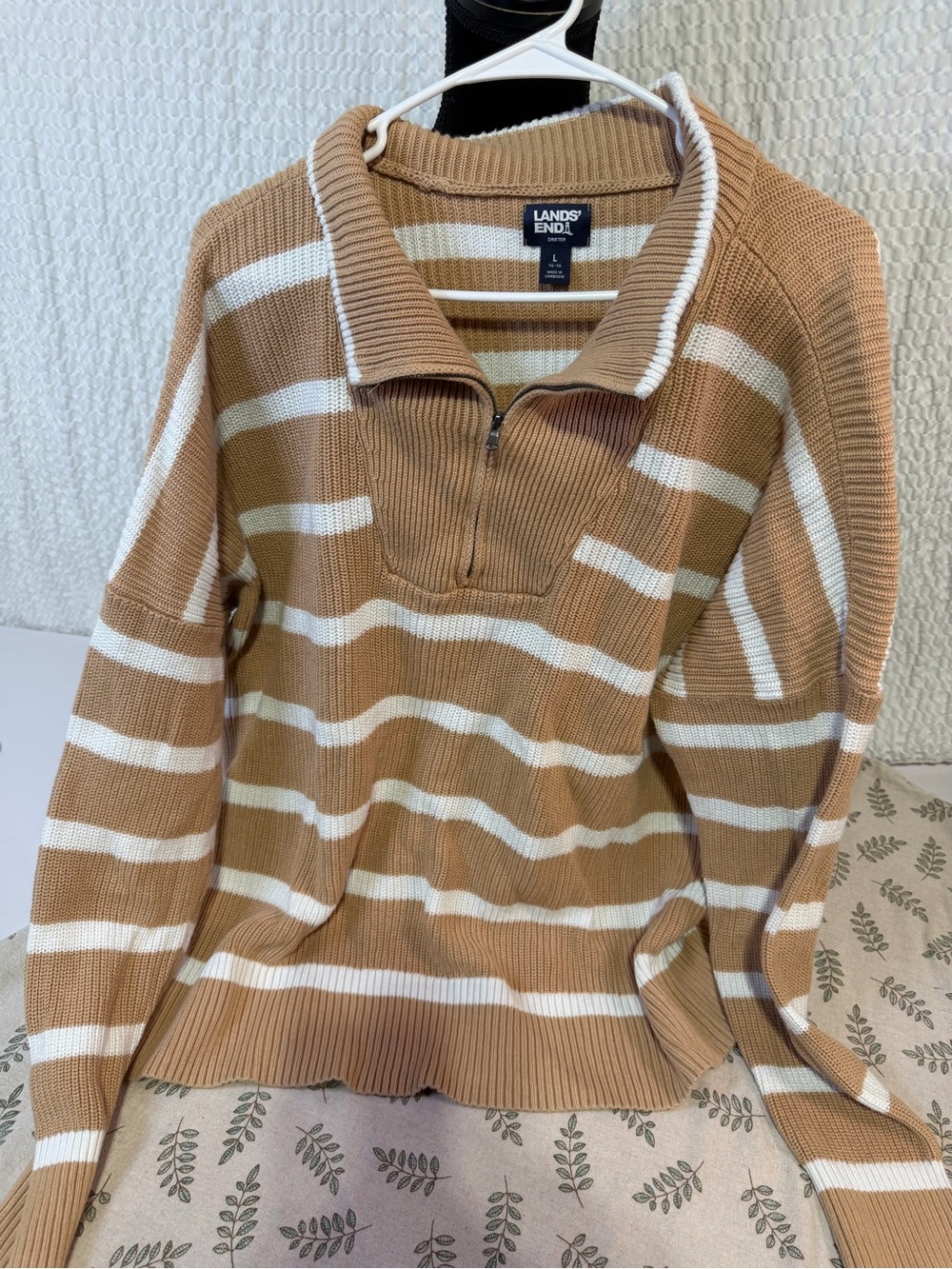 Lands' End Tan and White Striped Half-Zip Cowl Sweater